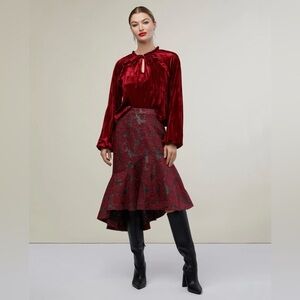 Rachel Parcell Jacquard Floral High Low Ruffle Hem Skirt Burgundy Gray Sz 8